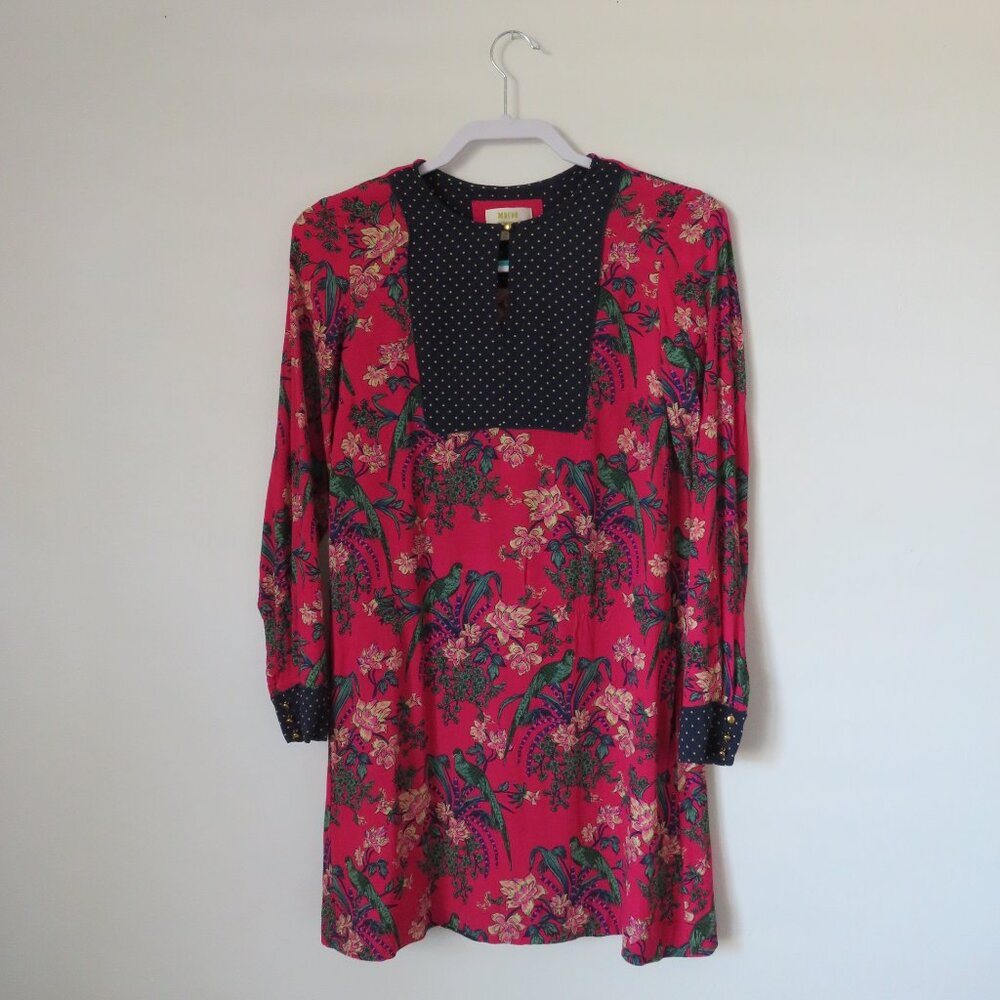 Anthropologie Maeve Floral Pink Bird Tunic Shift Mini Dress Size 2 - Picture 2 of 9